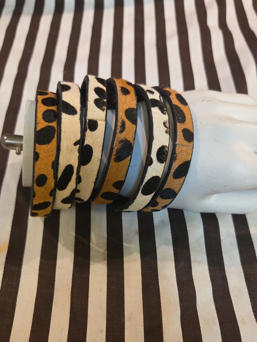 Multi-Piece Animal Print Bangle Set Calf Hair Leopard & Cow Print